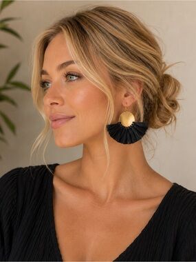 Black Raffia Fan Drop Earrings with Gold Discs